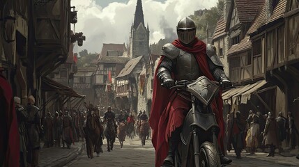 A Knight on a Motorcycle Rides Through a Medieval Town