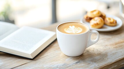 An inviting image of a cozy coffee shop corner featuring an espresso cup on a wooden table beside an open book and a small plate of pastries. The warm lighting and soft textures of the surroundings