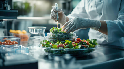 Scientists experimenting with edible food packaging materials in a high-tech lab, Food packaging innovation, Edible packaging