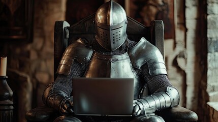 A Knight in Full Armor Uses a Laptop in a Medieval Setting