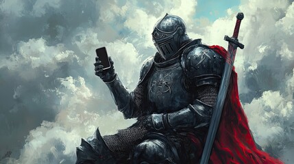 Naklejka premium A Knight in Full Armor Holding a Smartphone with a Sword Behind Him