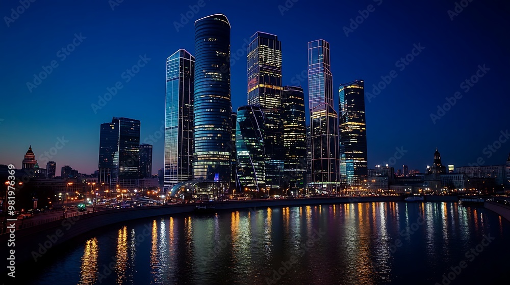 Sticker Night View of Moscow's Skyline with Illuminated Skyscrapers