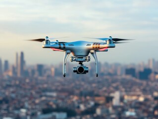 Aerial view of a drone flying above a city skyline, capturing stunning imagery of urban landscapes and modern architecture.