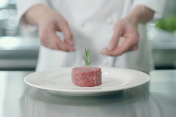 A gourmet presentation of lab-grown meat on plate, compared with a traditional steak, as chef examines texture in futuristic restaurant setting. Innovation in food technology and sustainable dining.
