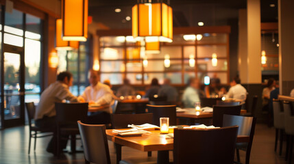 A lively restaurant interior during dinner time, featuring soft ambient lighting and diners enjoying their meals in a warm, cozy setting. Social gatherings and dining experiences.