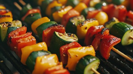 A close-up of colorful vegetable skewers on the grill, featuring chunks of bell peppers, zucchini