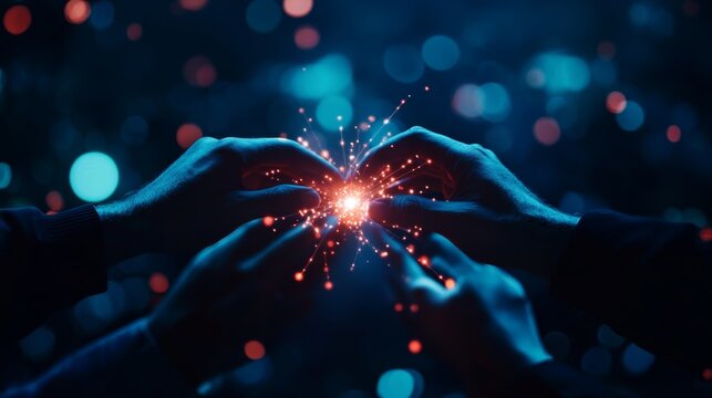 A circle of hands, glowing with ethereal light, connected by digital holograms, surrealism, soft blue tones, highlighting unity and futuristic teamwork