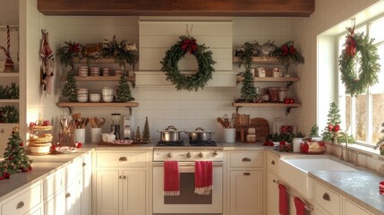 A farmhouse kitchen decorated for Christmas, with wreaths hanging from cabinet doors, festive towels, and a baking setup for holiday treats