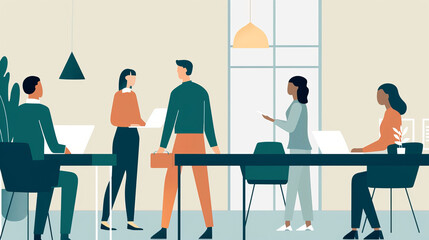 A multicultural office collaboration. Employees from diverse backgrounds working seamlessly on a corporate project. Teamwork, communication, and creative solutions in a modern business environment.