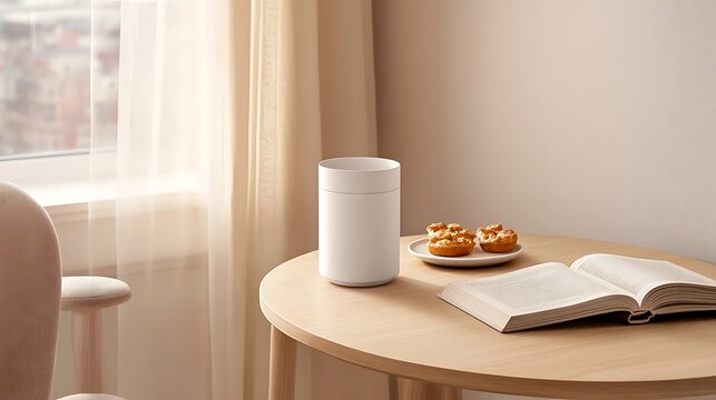 An inviting image of a cozy coffee shop corner featuring an espresso cup on a wooden table beside an open book and a small plate of pastries. The warm lighting and soft textures of the surroundings