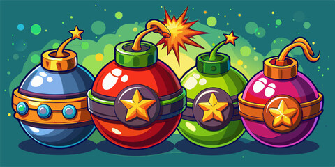 Four stylized cartoon bombs with lit fuses and sparkling stars, set against a dark green and blue background, create a playful yet suspenseful atmosphere