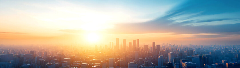 Fototapeta premium Stunning sunrise over a modern cityscape, showcasing skyscrapers and vibrant hues in the sky, symbolizing new beginnings.