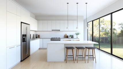 Fototapeta premium Bright and modern kitchen with sleek cabinets, a central island, and natural light flooding through large windows.