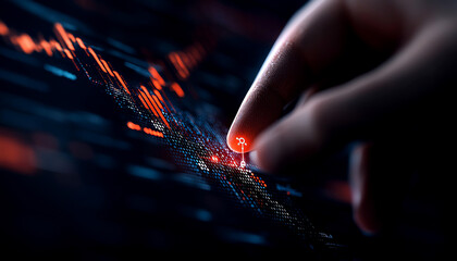 Close-up of a hand interacting with a digital graph, symbolizing data analysis and investment strategies in a tech-driven world.