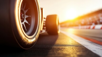 Close-up of a racing tire on a track at sunset, capturing the thrill and speed of motorsport with warm golden light.