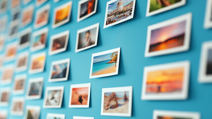 A vibrant blue wall displays a collage of various photographs, showcasing memories and scenic views, creating a nostalgic atmosphere.