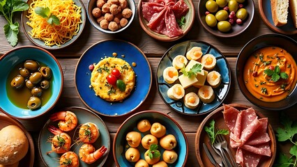 Overhead view of a variety of tapas on a rustic table, showcasing an assortment of flavorful, small plates. Ideal for food and culinary content emphasizing diverse and delicious dishes.