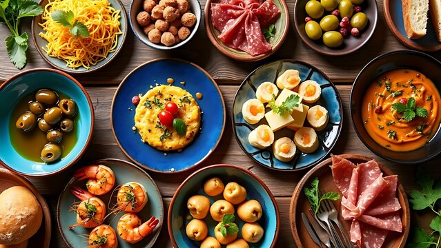 Overhead view of a variety of tapas on a rustic table, showcasing an assortment of flavorful, small plates. Ideal for food and culinary content emphasizing diverse and delicious dishes.