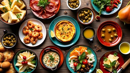 Overhead view of a variety of tapas on a rustic table, showcasing an assortment of flavorful, small plates. Ideal for food and culinary content emphasizing diverse and delicious dishes.