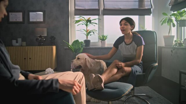 African American girl sits in chair, discusses problems with psychologist, pets golden retriever dog during therapy session. Female psychotherapist listens and supports teenage patient. Mental health.
