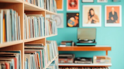 Cozy interior featuring vintage records on shelves, a turntable, and vibrant wall art, perfect for music lovers and nostalgic vibes.