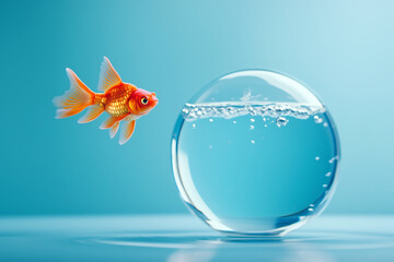 A goldfish leaps gracefully from a glass bowl into a vibrant blue background, illustrating freedom and adventure.