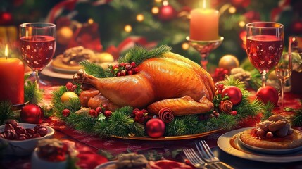 Big festive dinner with roasted chicken and various garnishing. Christmas family dinner table concept.