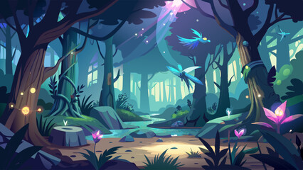 a serene magical forest scene with glowing fireflies and ethereal butterflies flying among the trees at twilight
