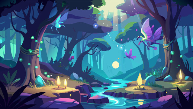 fairy tale forest for adventural game design. A beackground vector for software designers