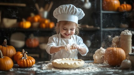 child chef hat kid face flour cooking baking knead dough pumpkin tart cake homemade hands preparing food kitchen delicious tasty pastry halloween christmas seasonal autumn celebration.