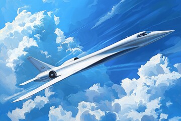 Fototapeta premium A streamlined aircraft glides effortlessly across a vivid azure sky adorned with soft, billowy clouds.