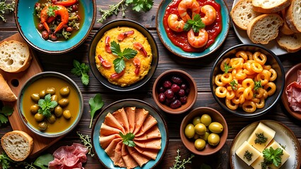 Overhead view of a variety of tapas on a rustic table, showcasing an assortment of flavorful, small plates. Ideal for food and culinary content emphasizing diverse and delicious dishes.