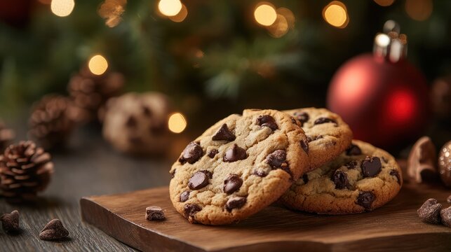Chocolate Chip cookies product photoshoot, christmas themed mockup, christmas decorations, background, backdrop