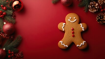 Christmas banner, gingerbread man on red background with copy space at Christmastime. Tradition of Happy Christmas. Joyful celebrations with festive joy and sweet treats. flat lay, top view