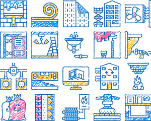 home renovation repair doodle icons set vector. sketch line art wallpaper and garbage bags, heat gun and fan heater, noise isolation and renovation equipment color illustrations