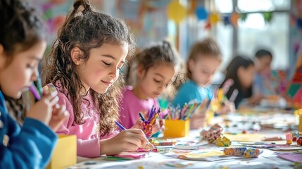 Lively Art Studio with Children Working on Crafts and Drawings, Spring Festival Decorations