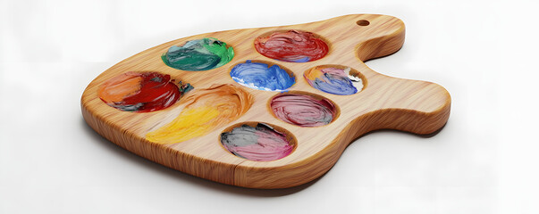 Wooden artist's palette with paints on white background, 4K hyperrealistic photo