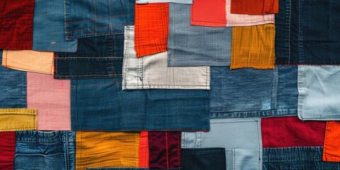 Vibrant textile composition featuring brand ambiguity text set against a blue denim backdrop, symbolizing marketing inconsistency in a horizontal layout.