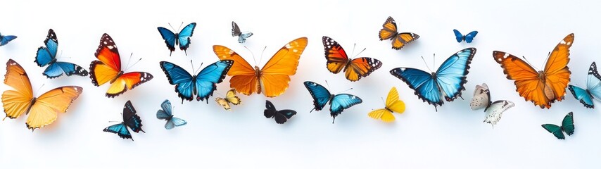 Vibrant Butterflies in Blooming Garden, full-body portrait of colorful butterflies dancing amidst lush flora, showcasing nature's beauty in a serene white backdrop.