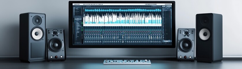 Modern audio setup featuring computer, monitors, and speakers, ideal for music production and sound editing environments.