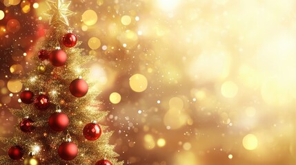 Creative gold christmas tree with red balls and glitter on blurred, sparkling lights background. Festive mockup banner with baubles decoration and copy space.