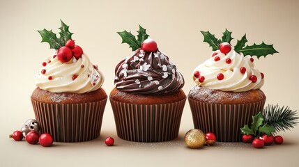 Cup cakes with Christmas decoration.
