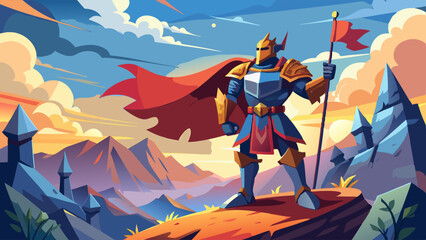 a majestic knight in shining armor standing triumphantly on a rocky peak, holding a red flag against a vibrant sunset backdrop with mountains and clouds