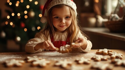 Cute little girl baking gingerbread cookies at home on Christmas eve