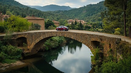 Stone Bridge Spanning a River in a Mountainous Landscape with a Red Car