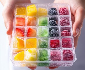Colorful frozen fruit cubes in a tray, perfect for refreshing beverages, smoothies, or desserts. Enjoy healthy and flavorful treats.