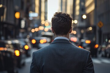 Fototapeta premium A determined man in formal attire obliviously strides toward a bustling street, disregarding evident warnings of peril.