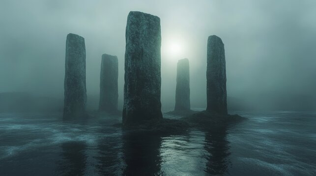 Surreal stone circle on a mist-enshrouded island, dark waters surrounding it, a soft glow emerging from the fog, creating an atmosphere of mystery and ancient power