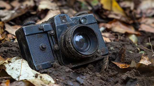 Broken vintage camera lying in the dirt. 