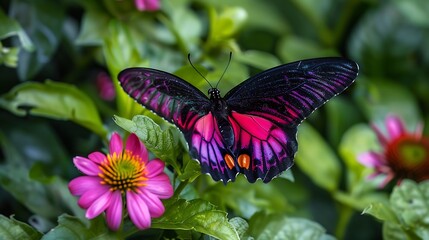 A vivid Viva Magenta butterfly with striking magenta and purple wings rests gently on a bright flower, framed by a backdrop of lush green foliage.